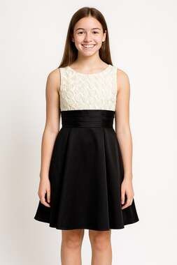 Jayne Copeland Black Satin Party Dress w/ Ivory Rosette Top Girls Size 14